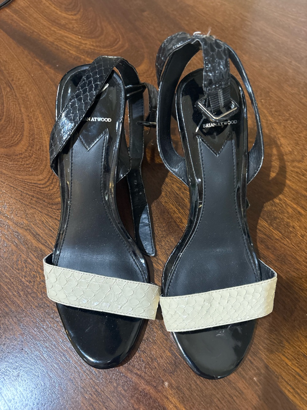 Brian Atwood Black Patent & Cream Snake-Embossed Slingback wedge Sandals